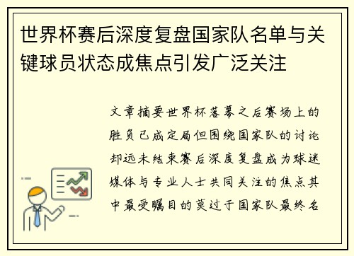 世界杯赛后深度复盘国家队名单与关键球员状态成焦点引发广泛关注