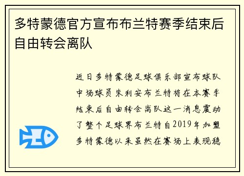 多特蒙德官方宣布布兰特赛季结束后自由转会离队