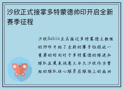 沙欣正式接掌多特蒙德帅印开启全新赛季征程
